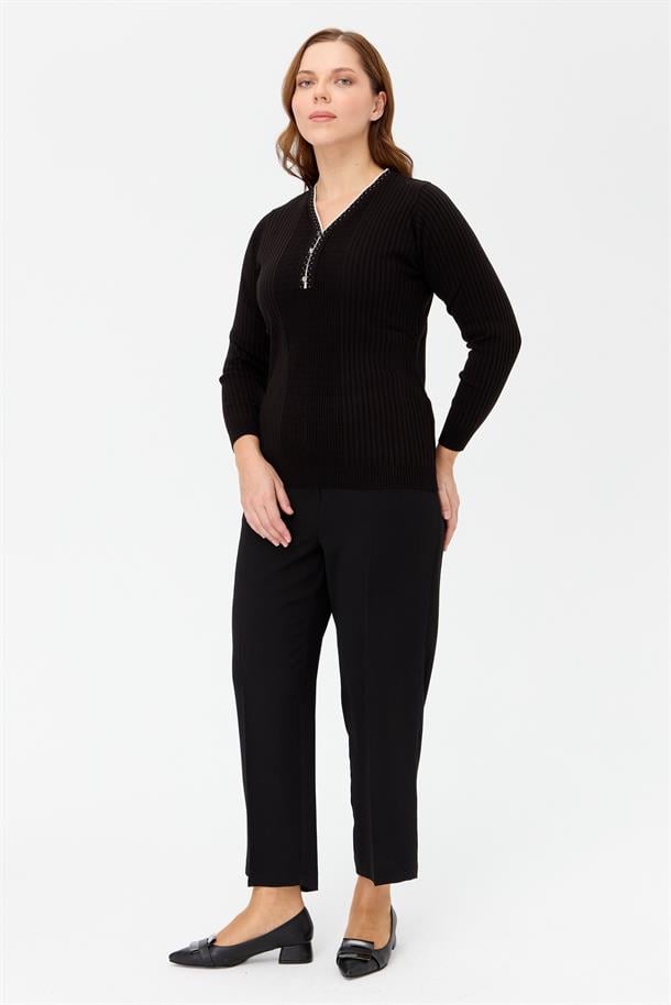 Büyük Beden V Yaka Düğmeli Triko Kazak-SİYAH
