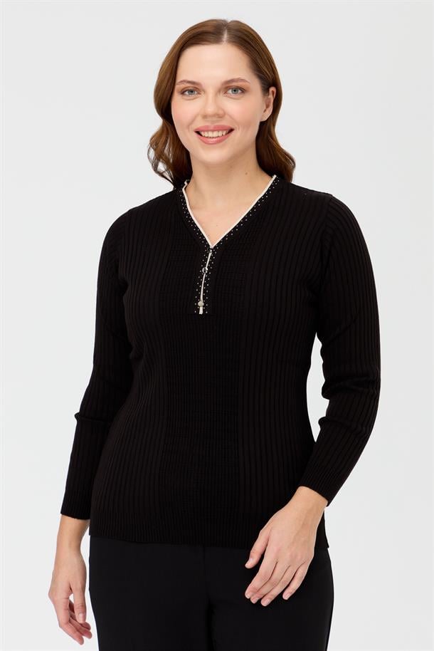 Büyük Beden V Yaka Düğmeli Triko Kazak-SİYAH