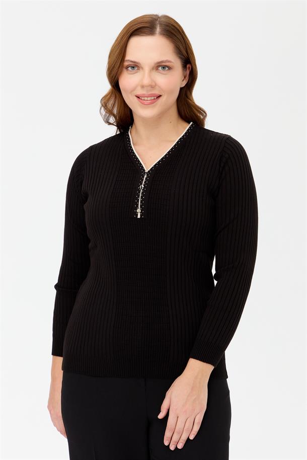 Büyük Beden V Yaka Düğmeli Triko Kazak-SİYAH