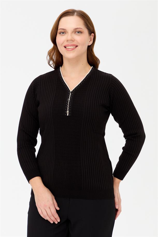 Büyük Beden V Yaka Düğmeli Triko Kazak-SİYAH