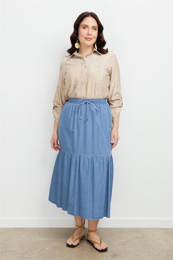 Büyük Beden Volanlı Uzun Etek-MAVİ