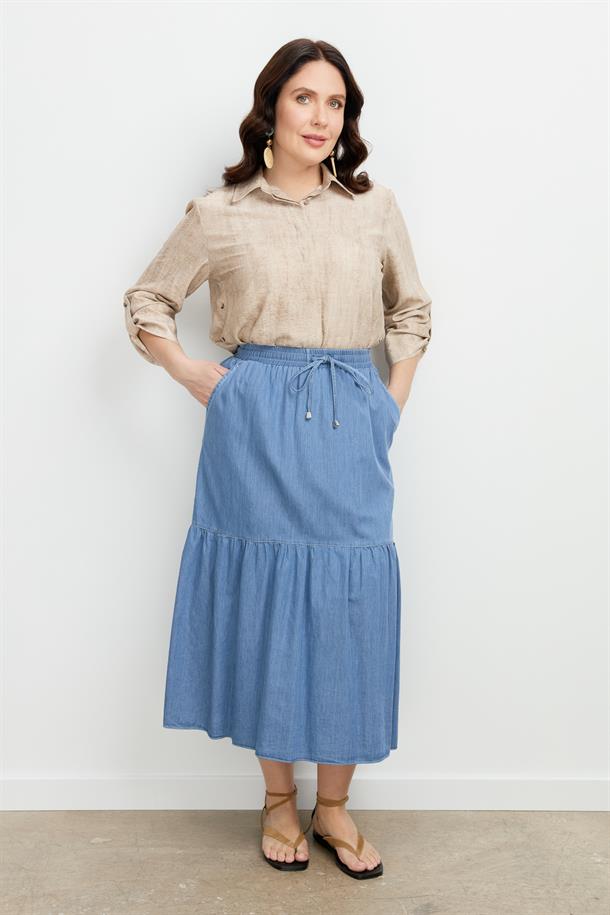 Büyük Beden Volanlı Uzun Etek-MAVİ