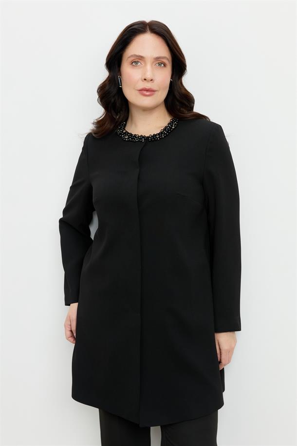 Büyük Beden Yaka Detaylı Ceket-SİYAH