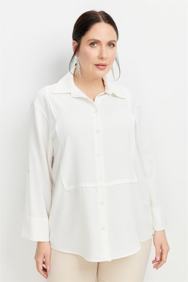 Büyük Beden Yakası Broşlu Gömlek-KEMIK