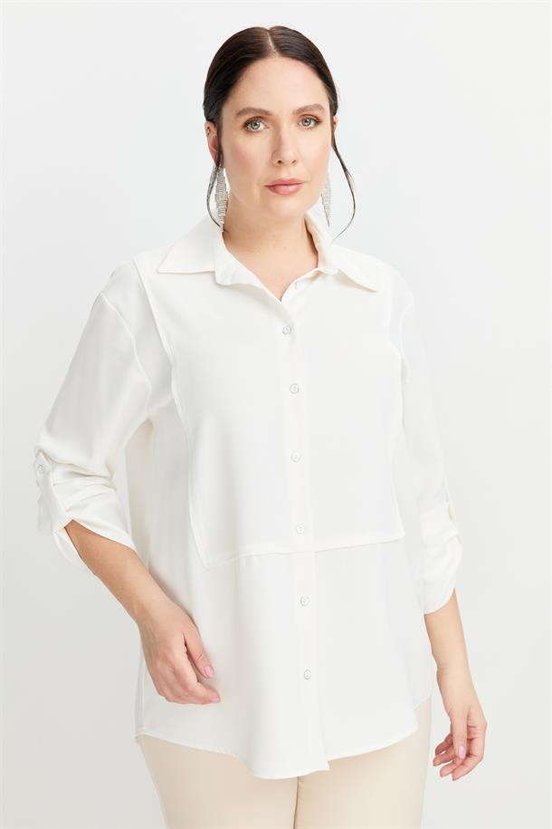 Büyük Beden Yakası Broşlu Gömlek-KEMIK