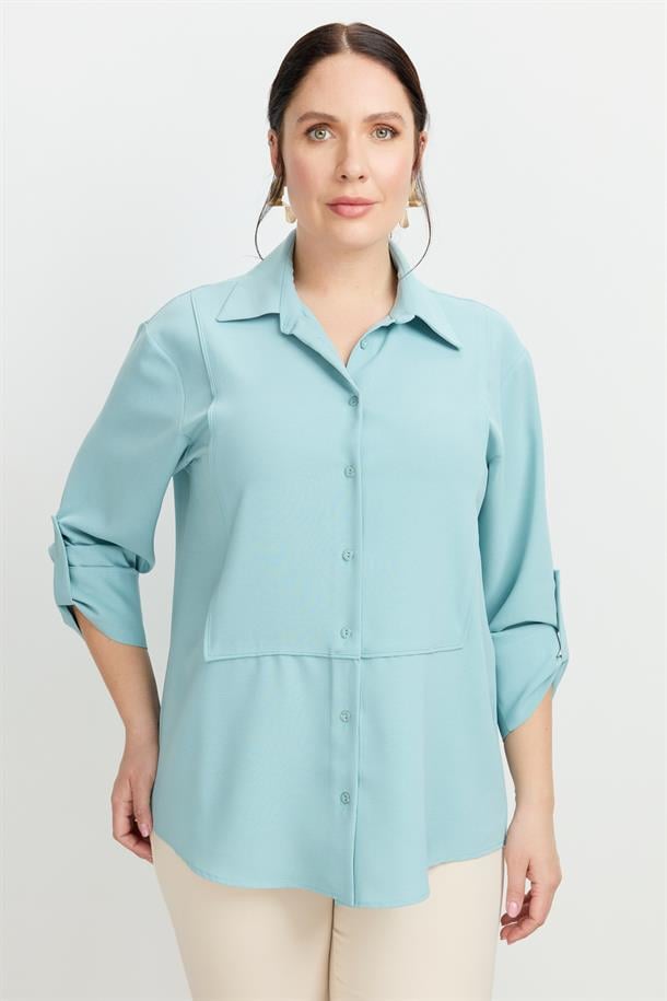 Büyük Beden Yakası Broşlu Gömlek-MINT