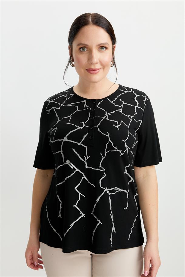 Büyük Beden Yakası Düğmeli Bluz-SİYAH