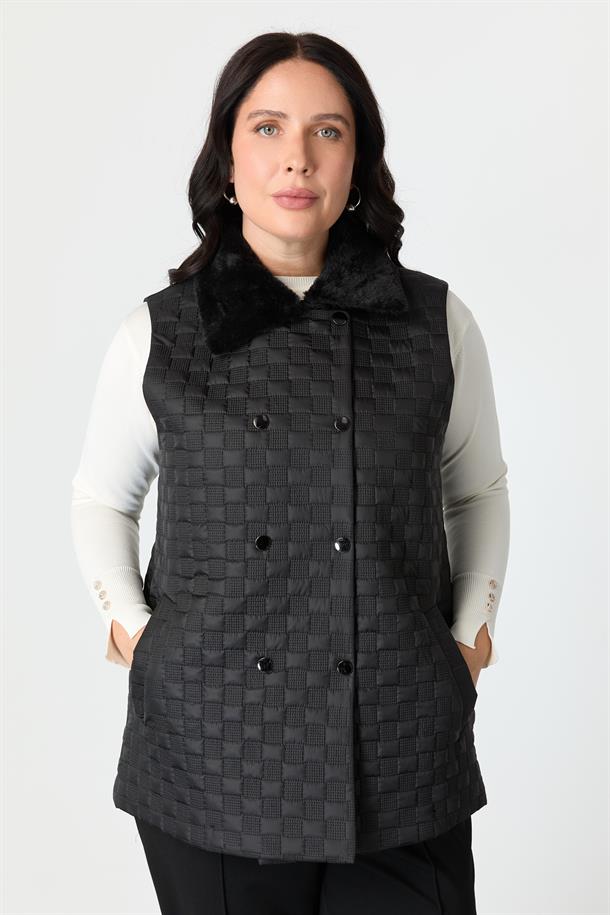 Büyük Beden Yakası Kürklü Kapitone Yelek-SİYAH