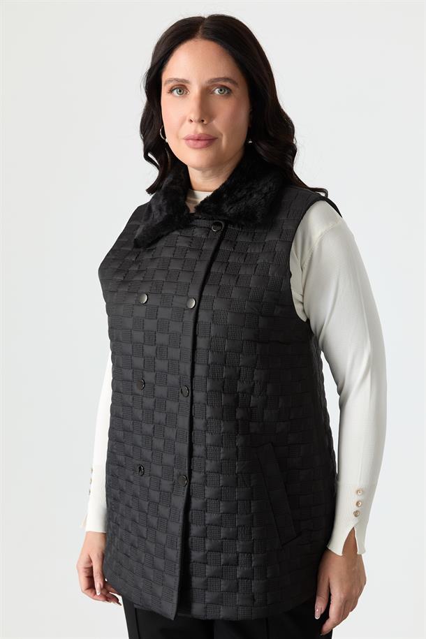 Büyük Beden Yakası Kürklü Kapitone Yelek-SİYAH