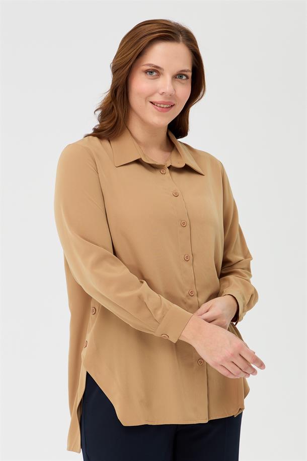 Büyük Beden Yanı Düğmeli Gömlek-CAMEL