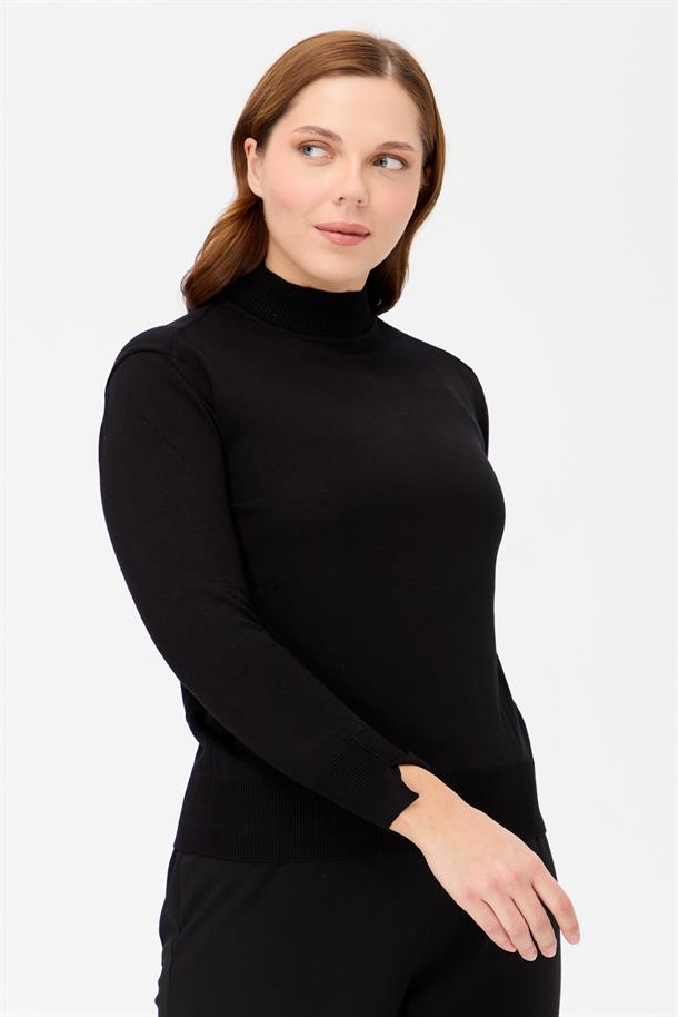 Büyük Beden Yarım Balıkçı Basic Triko Kazak-SİYAH