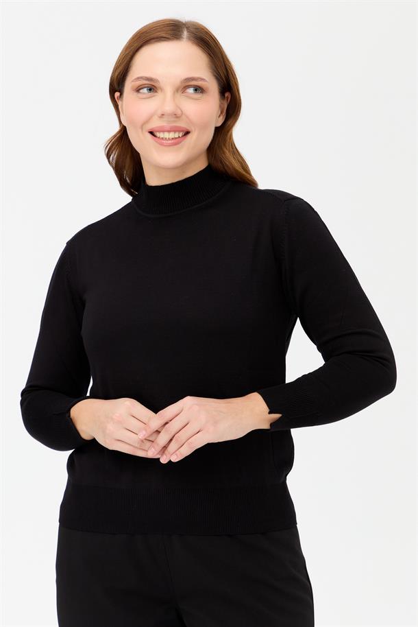 Büyük Beden Yarım Balıkçı Basic Triko Kazak-SİYAH