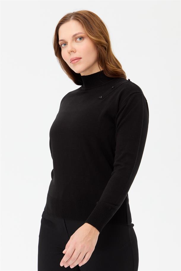 Büyük Beden Yarım Balıkçı Basic Triko Kazak-SİYAH