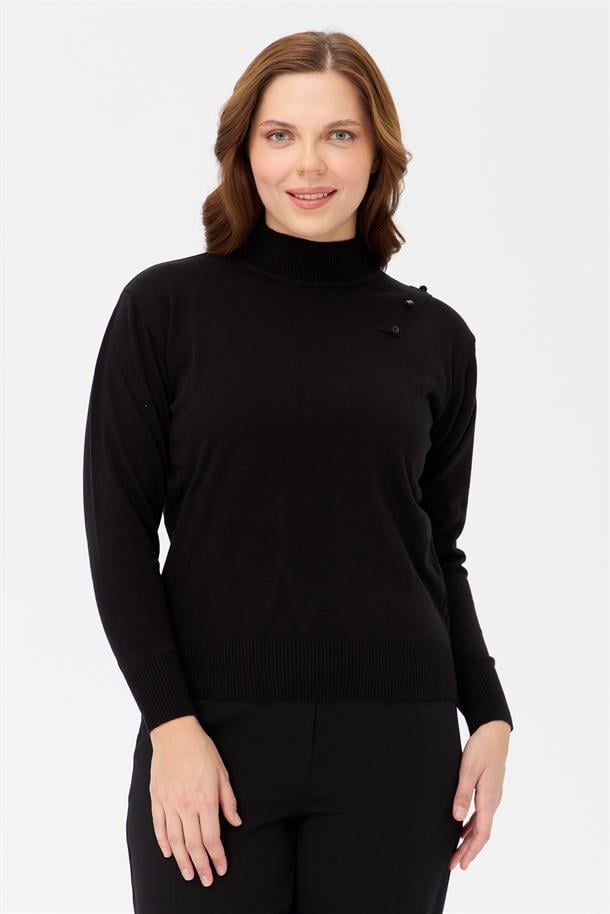 Büyük Beden Yarım Balıkçı Basic Triko Kazak-SİYAH