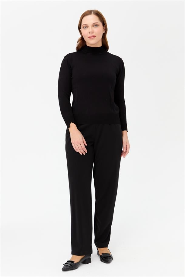 Büyük Beden Yarım Balıkçı Basic Triko Kazak-SİYAH