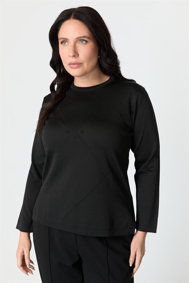 Büyük Beden Yuvarlak Yaka Triko kazak-SİYAH