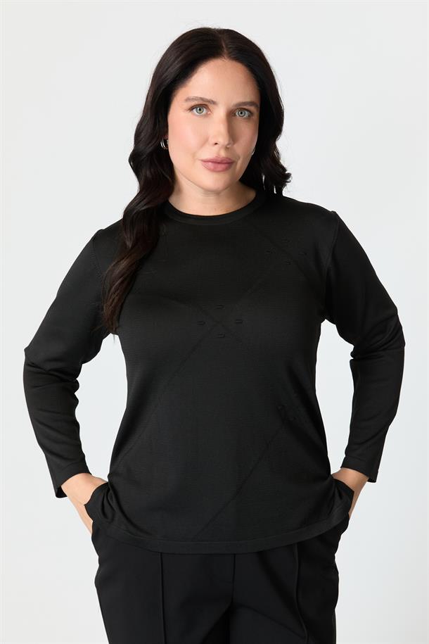 Büyük Beden Yuvarlak Yaka Triko kazak-SİYAH