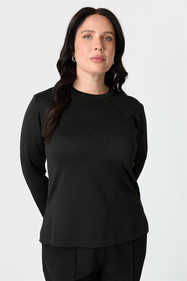 Büyük Beden Yuvarlak Yaka Triko kazak-SİYAH