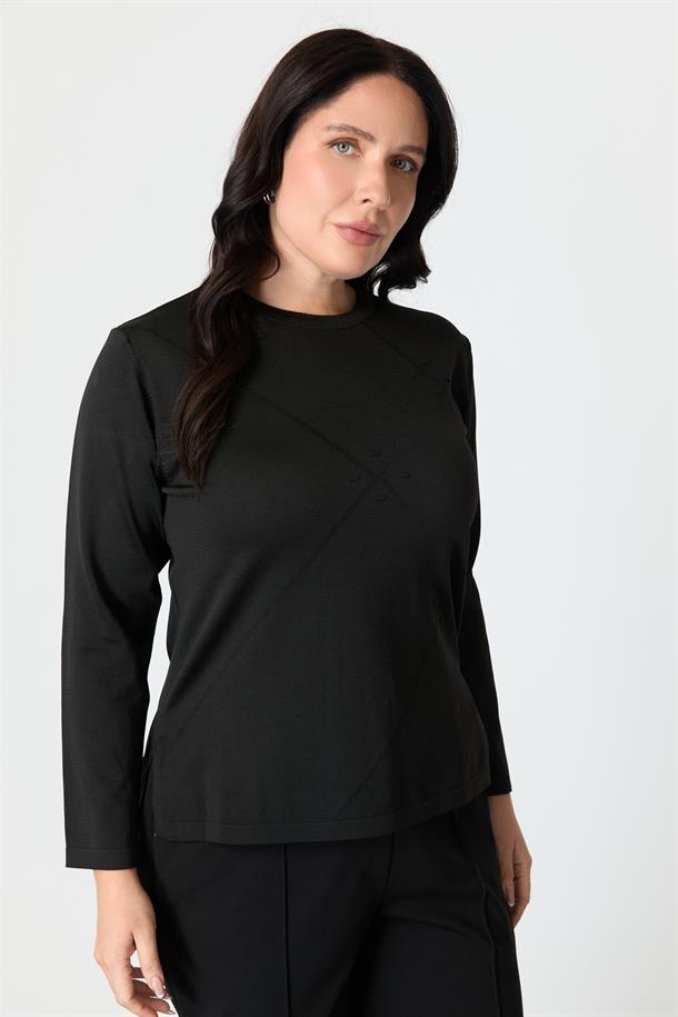 Büyük Beden Yuvarlak Yaka Triko kazak-SİYAH