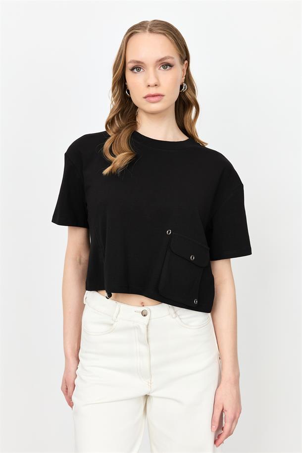 Büzgü Detay Cepli Bluz-SİYAH