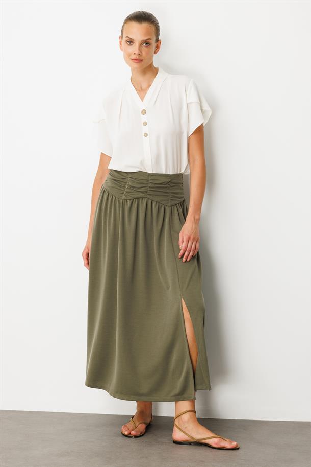 Büzgü Detay Yüksek Bel Uzun Etek-HAKİ