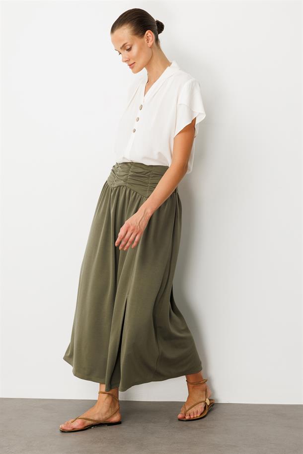 Büzgü Detay Yüksek Bel Uzun Etek-HAKİ