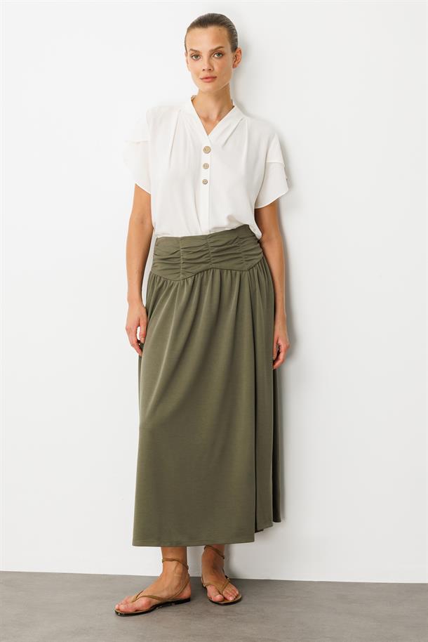 Büzgü Detay Yüksek Bel Uzun Etek-HAKİ