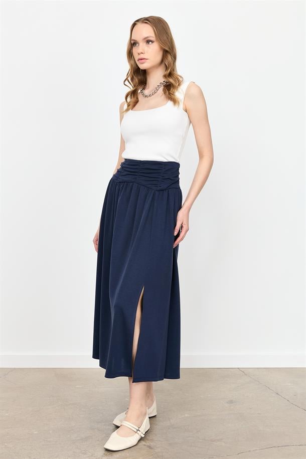 Büzgü Detay Yüksek Bel Uzun Etek-LACI