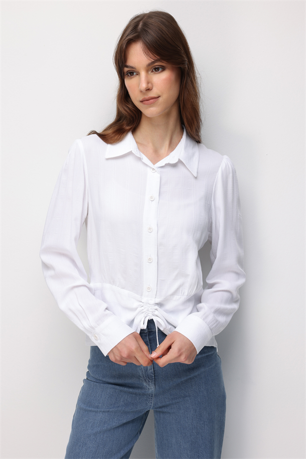 Büzgü Detaylı Gömlek Bluz-BEYAZ