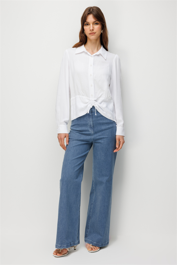 Büzgü Detaylı Gömlek Bluz-BEYAZ