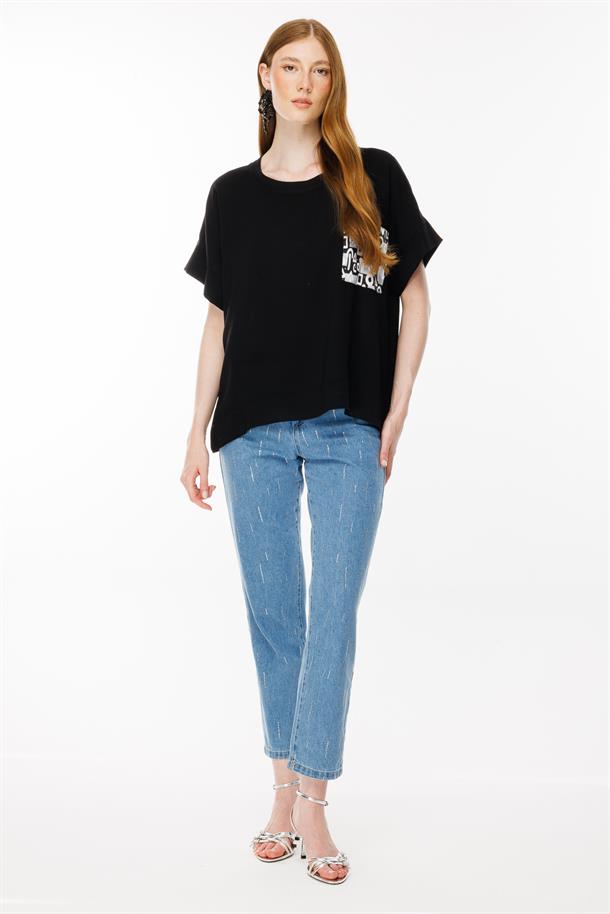 Cebi Baskı Detaylı Bluz-SİYAH