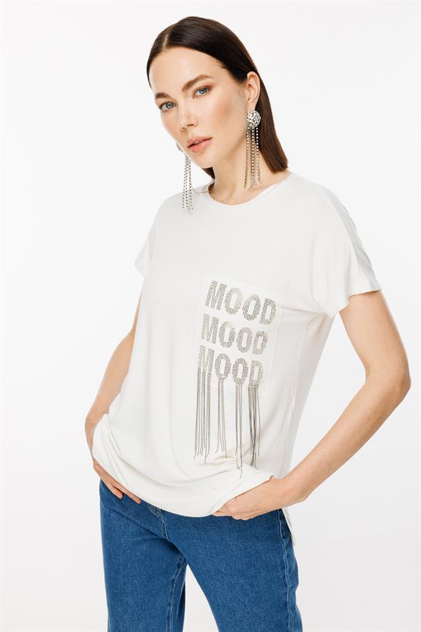 Cebi Baskı Taş ve Zincir Detaylı Tişört-KEMIK