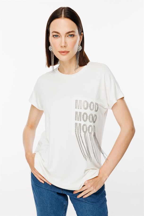 Cebi Baskı Taş ve Zincir Detaylı Tişört-KEMIK