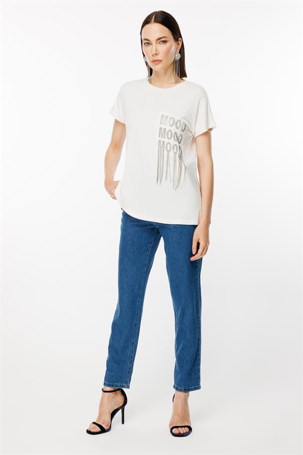 Cebi Baskı Taş ve Zincir Detaylı Tişört-KEMIK