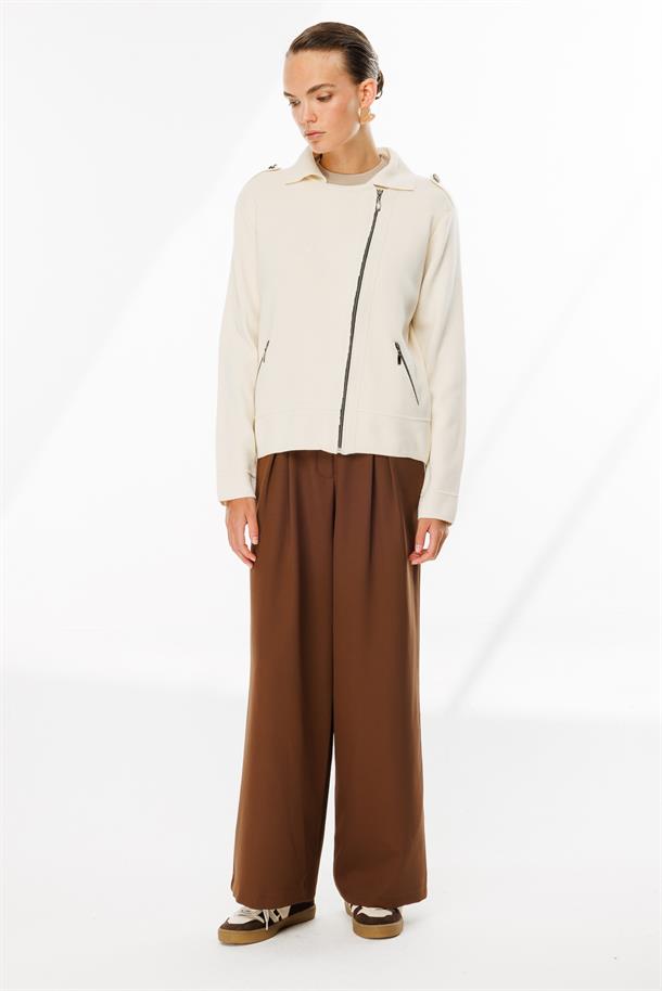 Ceket Yaka Cepli Triko Mont-KREM