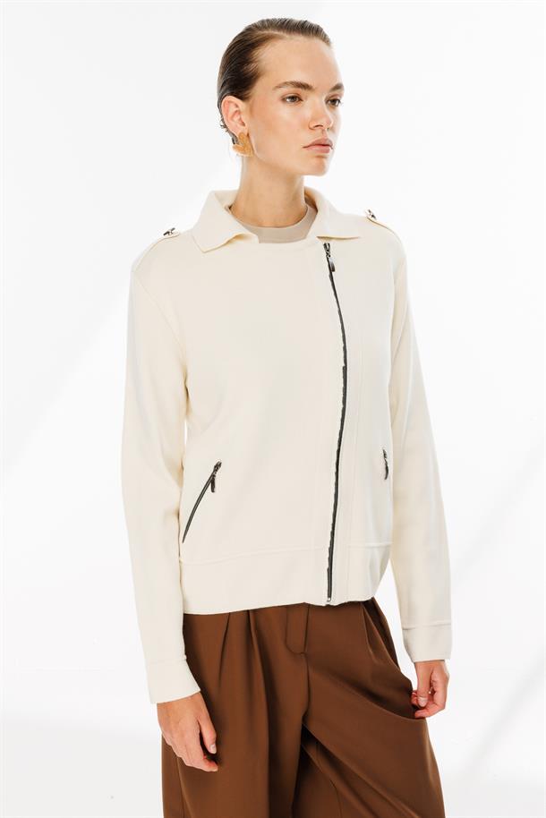 Ceket Yaka Cepli Triko Mont-KREM