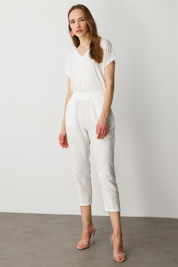 Cep Detay Beli Lastikli Pantolon-EKRU