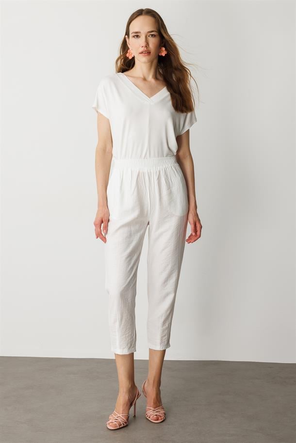 Cep Detay Beli Lastikli Pantolon-EKRU