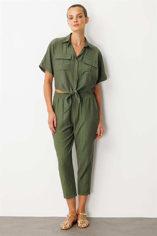 Cep Detay Beli Lastikli Pantolon-HAKİ