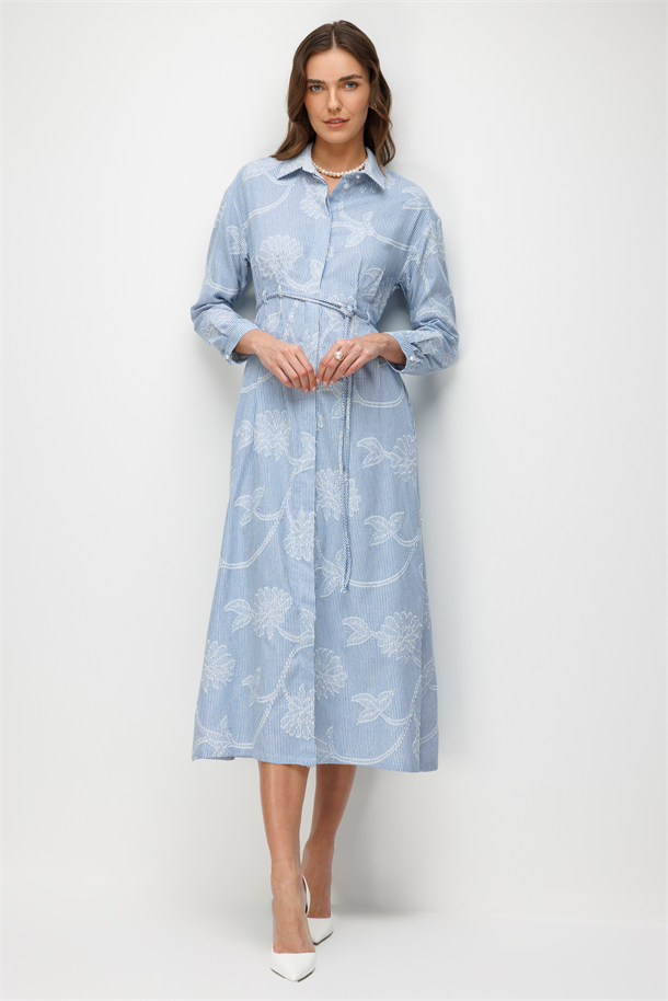 Cep Detay Düğmeli Elbise-MAVİ