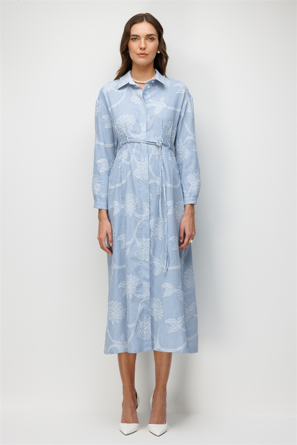 Cep Detay Düğmeli Elbise-MAVİ