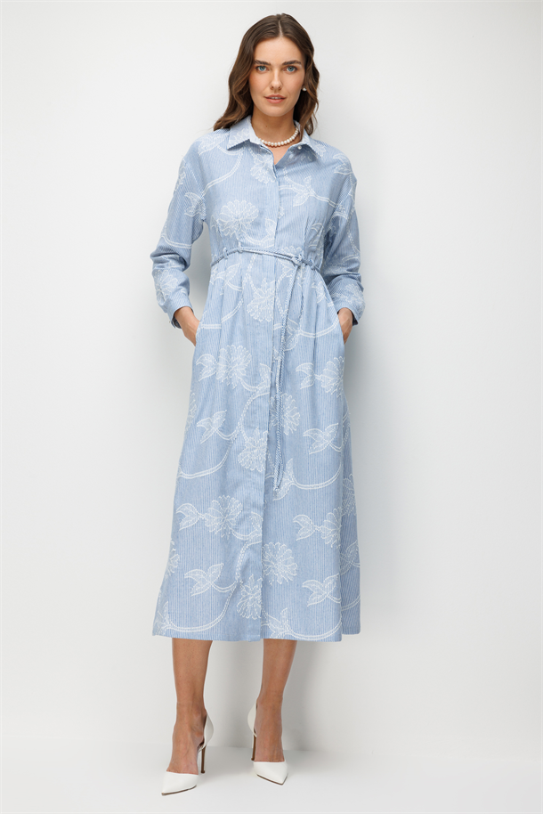 Cep Detay Düğmeli Elbise-MAVİ