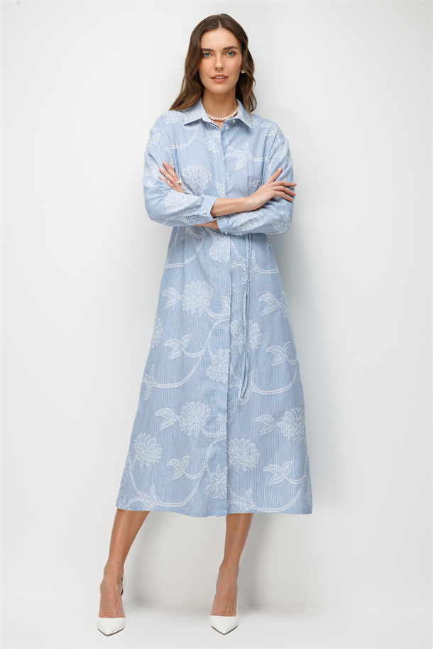 Cep Detay Düğmeli Elbise-MAVİ