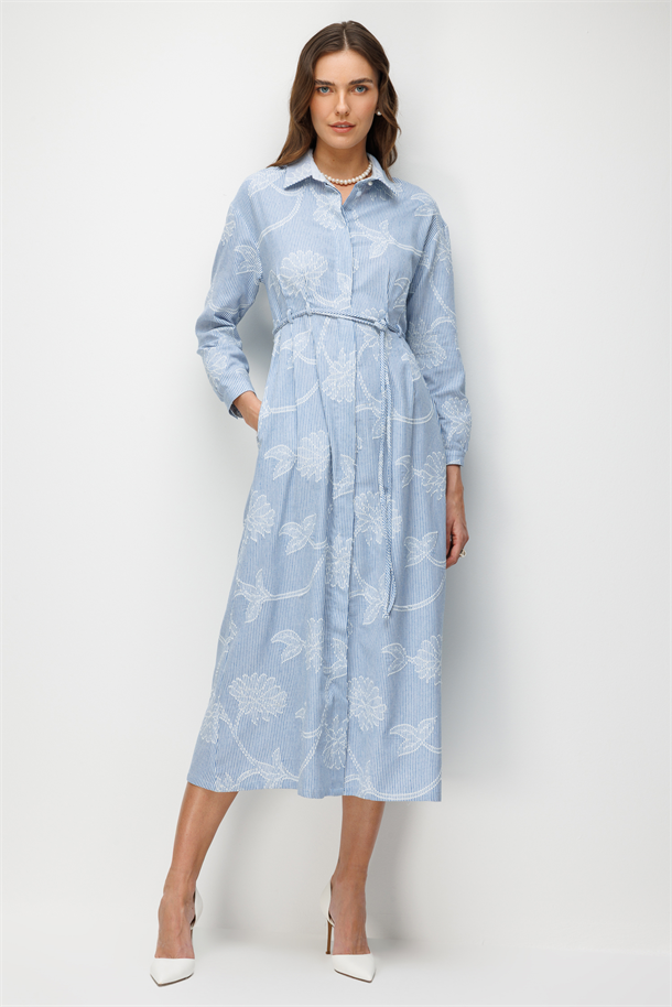 Cep Detay Düğmeli Elbise-MAVİ