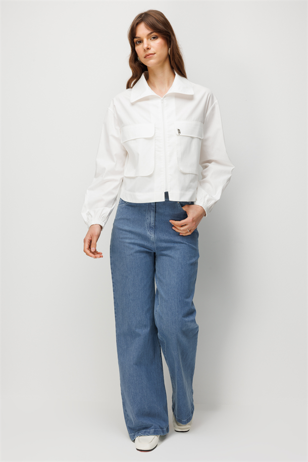 Cep Detay Fermuarlı Gömlek-BEYAZ