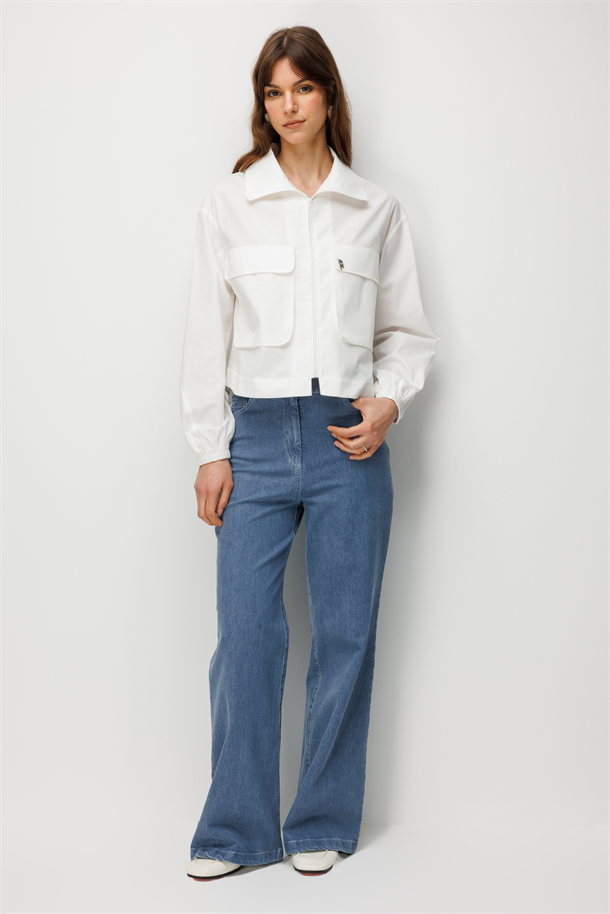 Cep Detay Fermuarlı Gömlek-BEYAZ