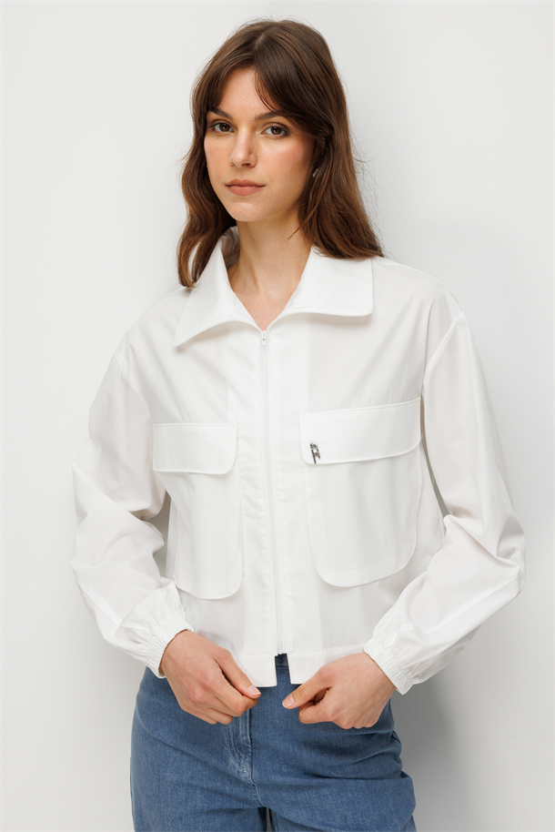 Cep Detay Fermuarlı Gömlek-BEYAZ