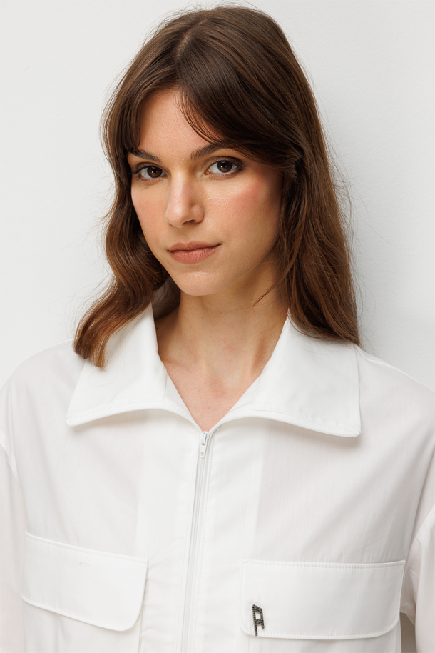 Cep Detay Fermuarlı Gömlek-EKRU