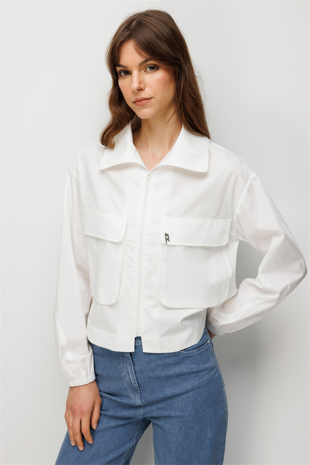 Cep Detay Fermuarlı Gömlek-EKRU