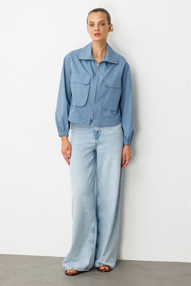 Cep Detay Fermuarlı Gömlek-İNDİGO